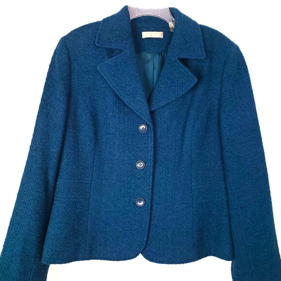 Kate Hill Wool Blazer Size 14 Teal Color 3 Button Front Closure Pleated Back - Picture 1 of 4